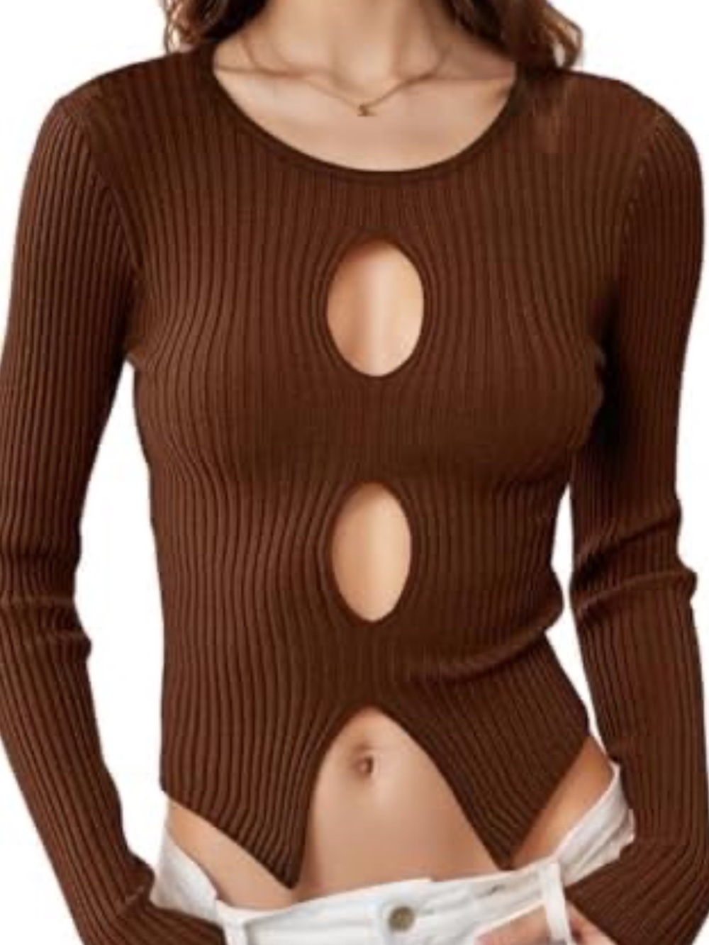Ribbed Crop Cutout Sweater Top - Chocolate Brown